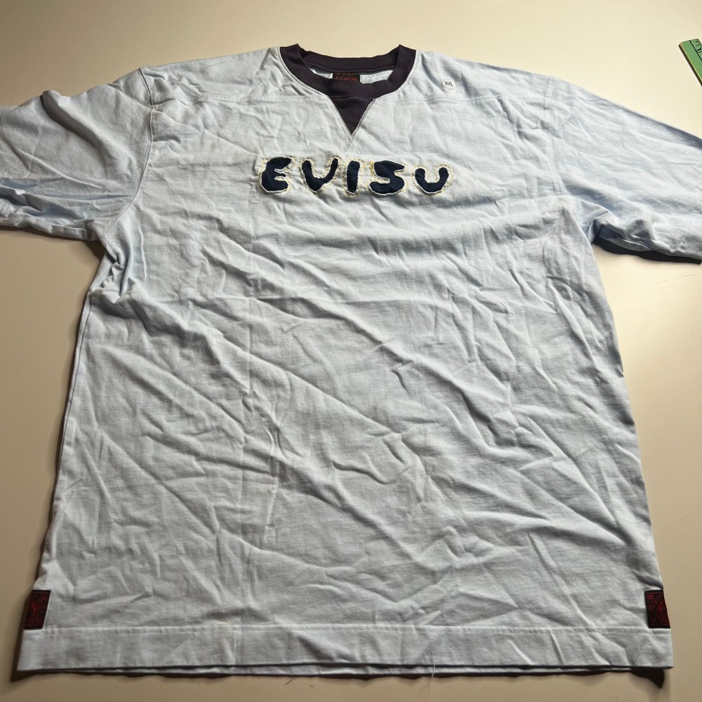 Evisu Ranch‎ & Co Light Blue Applique Logo T-Shirt Mens XXL Streetwear V-Neck